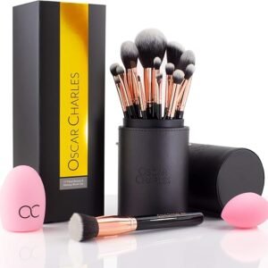 Oscar Charles 17 Piece Professional Makeup Brush Set: Make up brushes with Case, Beauty Blender, Brush Cleaner, Product Guide and Gift Box